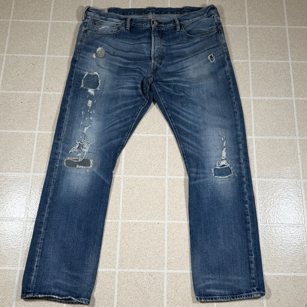 Polo Ralph Lauren Men Straight Denim Jeans Blue Distressed Patchwork 625 40x32